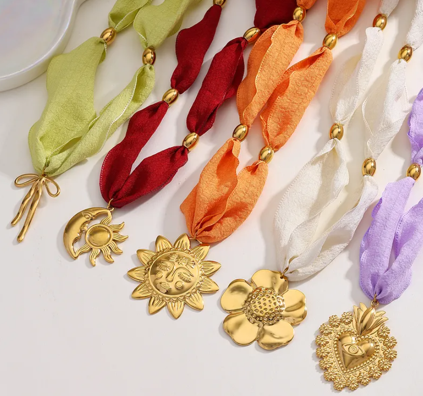 Vacay Bow Charm Silk Scarf Necklace